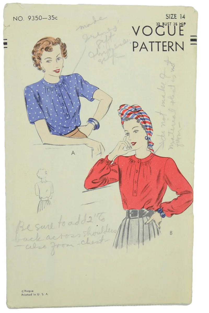 1942 Vogue 9350 Vintage Blouse Sewing Pattern