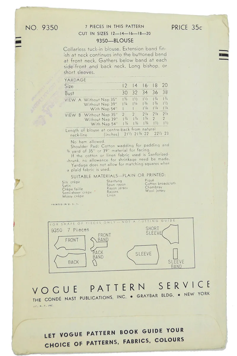 1942 Vogue 9350 Vintage Blouse Sewing Pattern