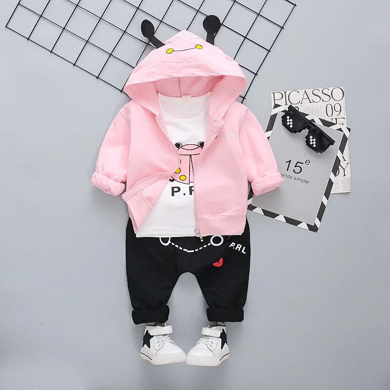 3Pc Set Cartoon Dinosaur Image Design Hooded Sweater Sets For Kids