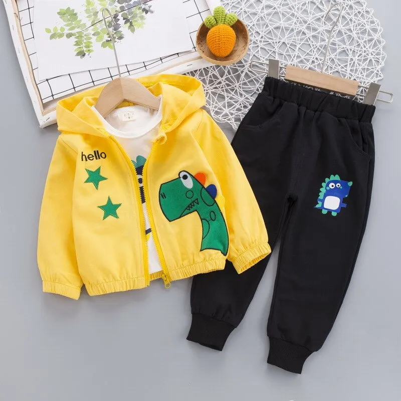 3Pc Set Cartoon Dinosaur Image Design Hooded Sweater Sets For Kids