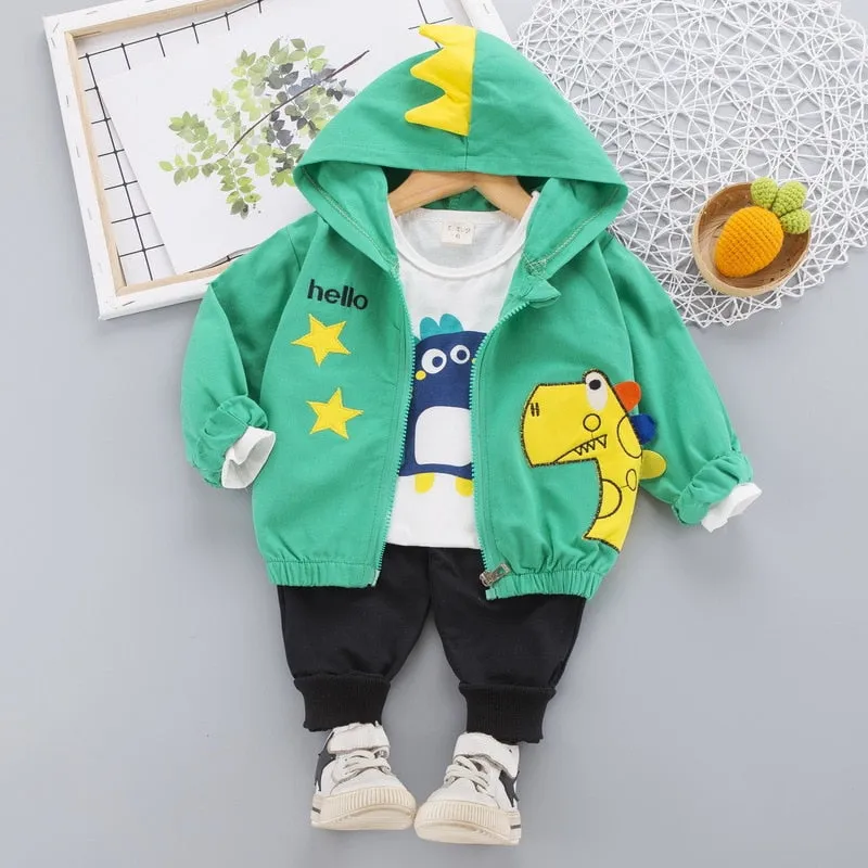 3Pc Set Cartoon Dinosaur Image Design Hooded Sweater Sets For Kids