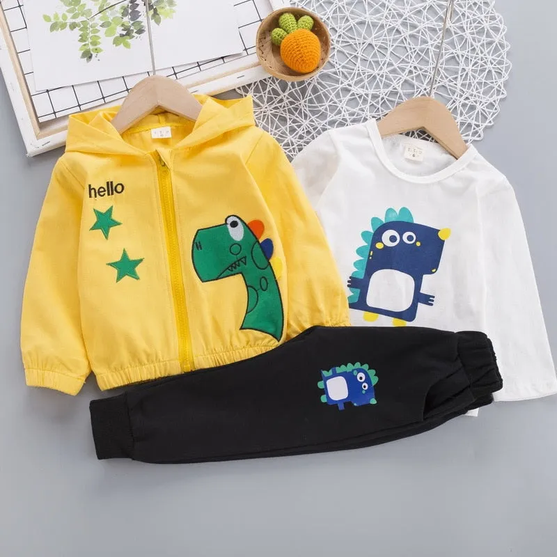 3Pc Set Cartoon Dinosaur Image Design Hooded Sweater Sets For Kids