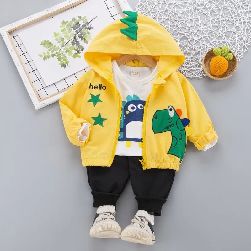 3Pc Set Cartoon Dinosaur Image Design Hooded Sweater Sets For Kids