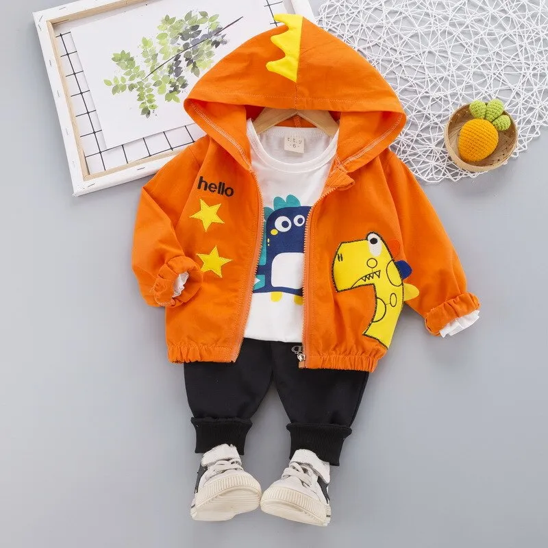 3Pc Set Cartoon Dinosaur Image Design Hooded Sweater Sets For Kids