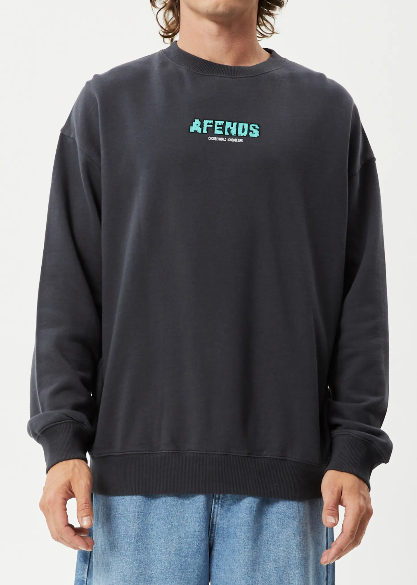 AFENDS Mens World - Crew Neck Jumper - Charcoal