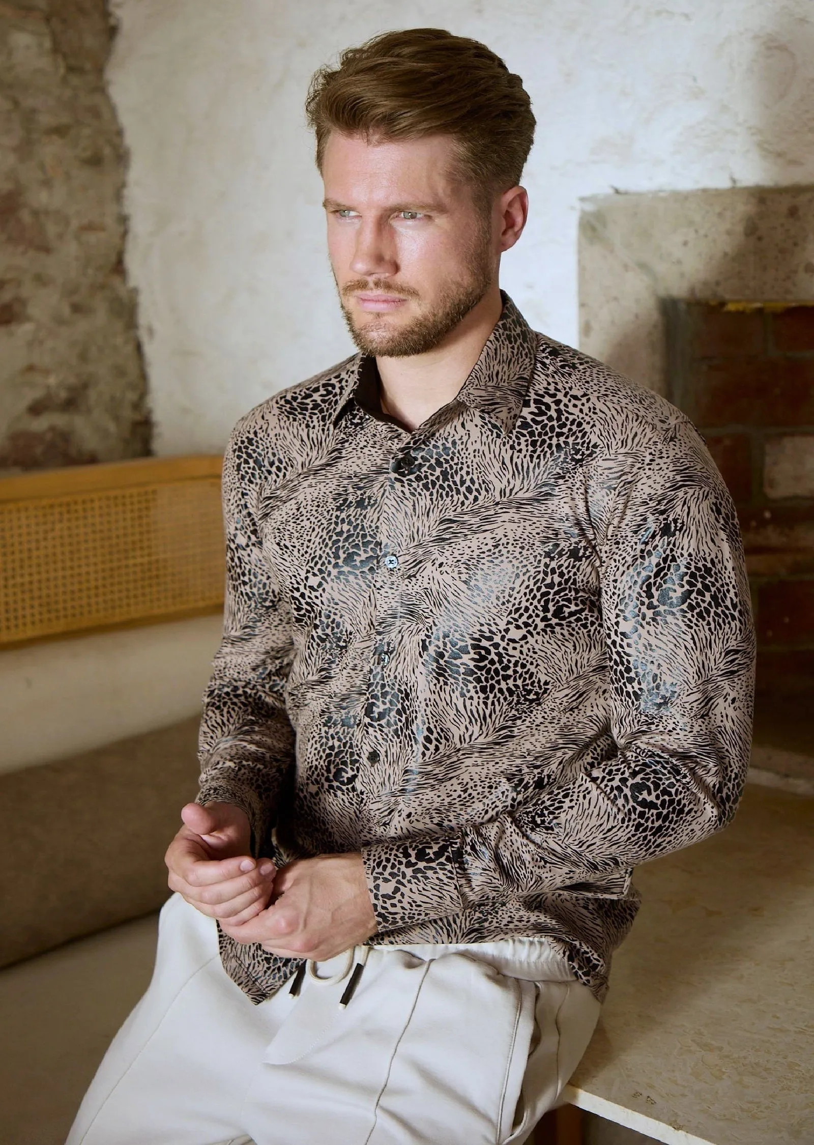 Beige Swirl Leopard Foil Knit Shirt