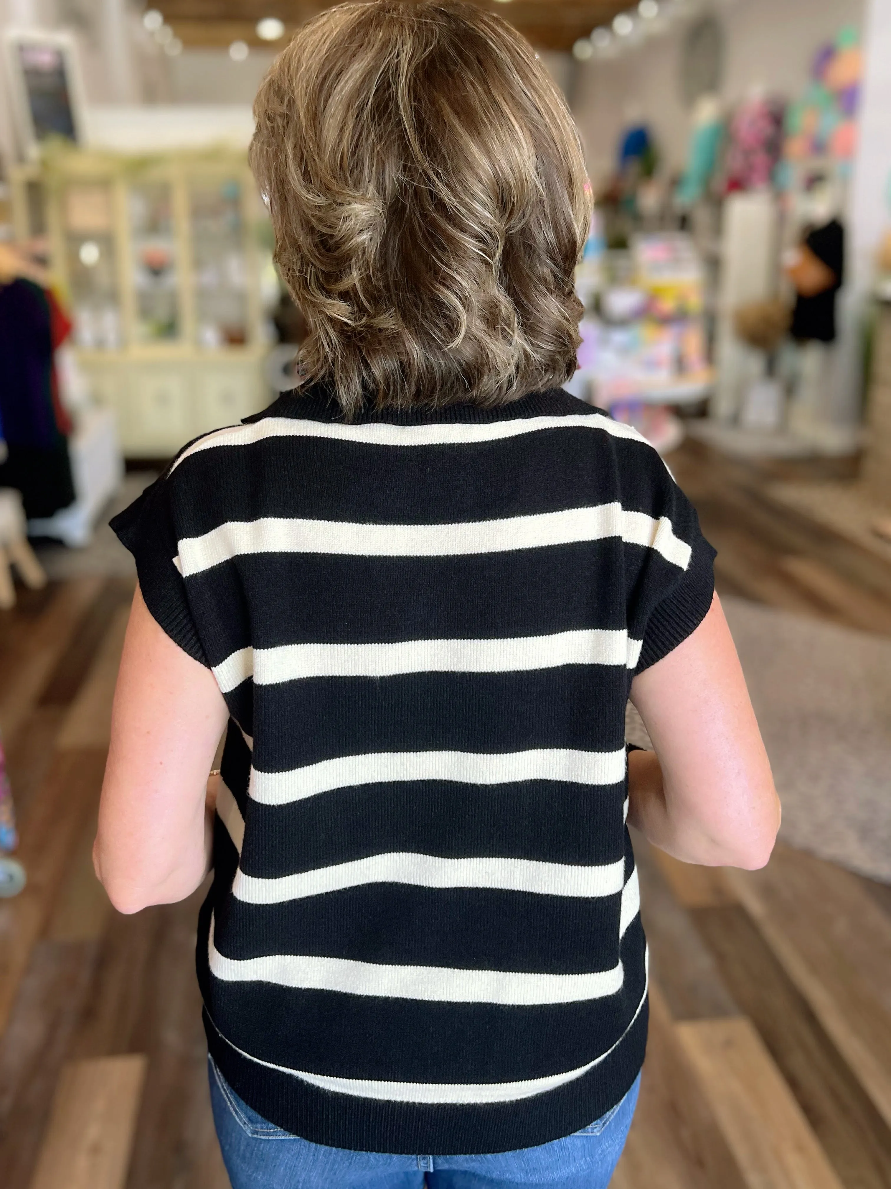 Black & Cream Striped Short Sleeve Sweater Top