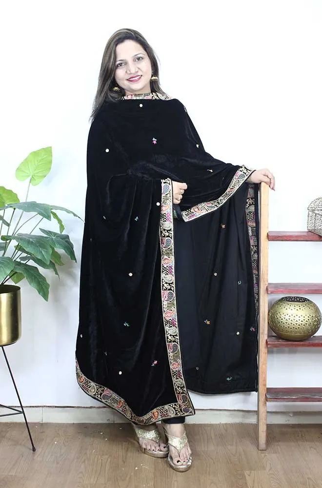 Black Embroidered Trendy Velvet Dupatta