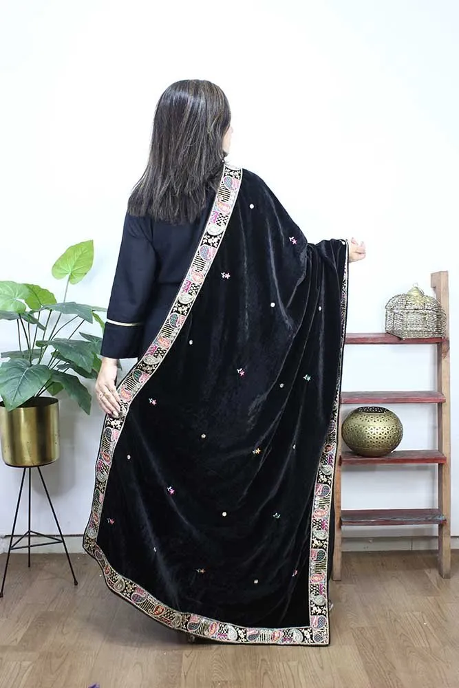 Black Embroidered Trendy Velvet Dupatta