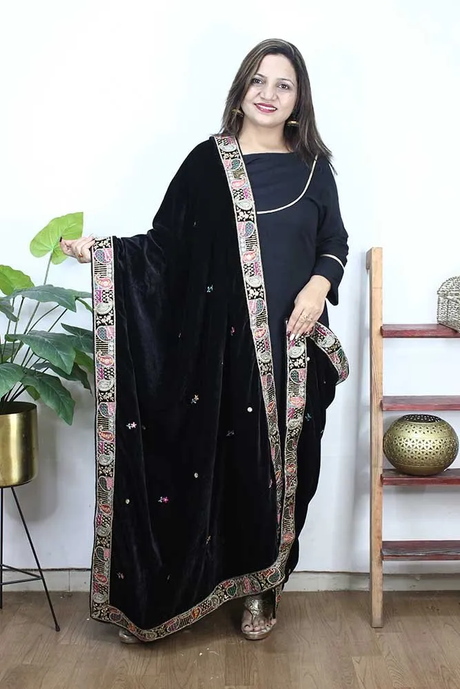 Black Embroidered Trendy Velvet Dupatta