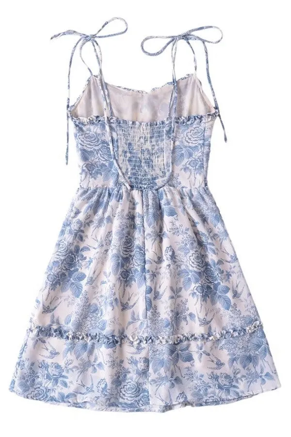 BLUE AND WHITE FLORAL PRINT TIE STRAP MINI DRESS