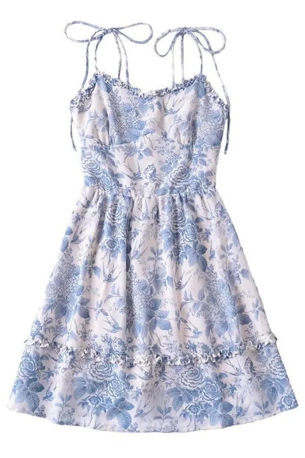 BLUE AND WHITE FLORAL PRINT TIE STRAP MINI DRESS