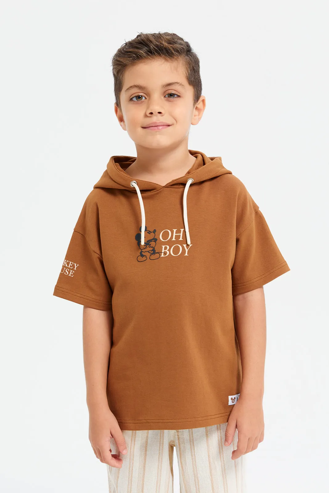 Boys Brown Oversized Hooded Mickey Mouse T-Shirt