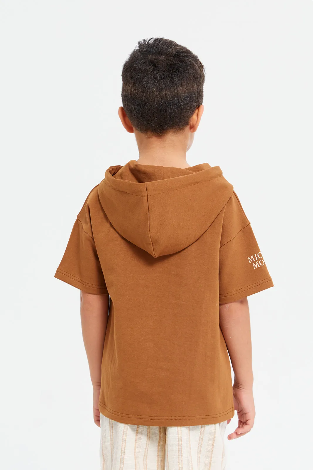 Boys Brown Oversized Hooded Mickey Mouse T-Shirt