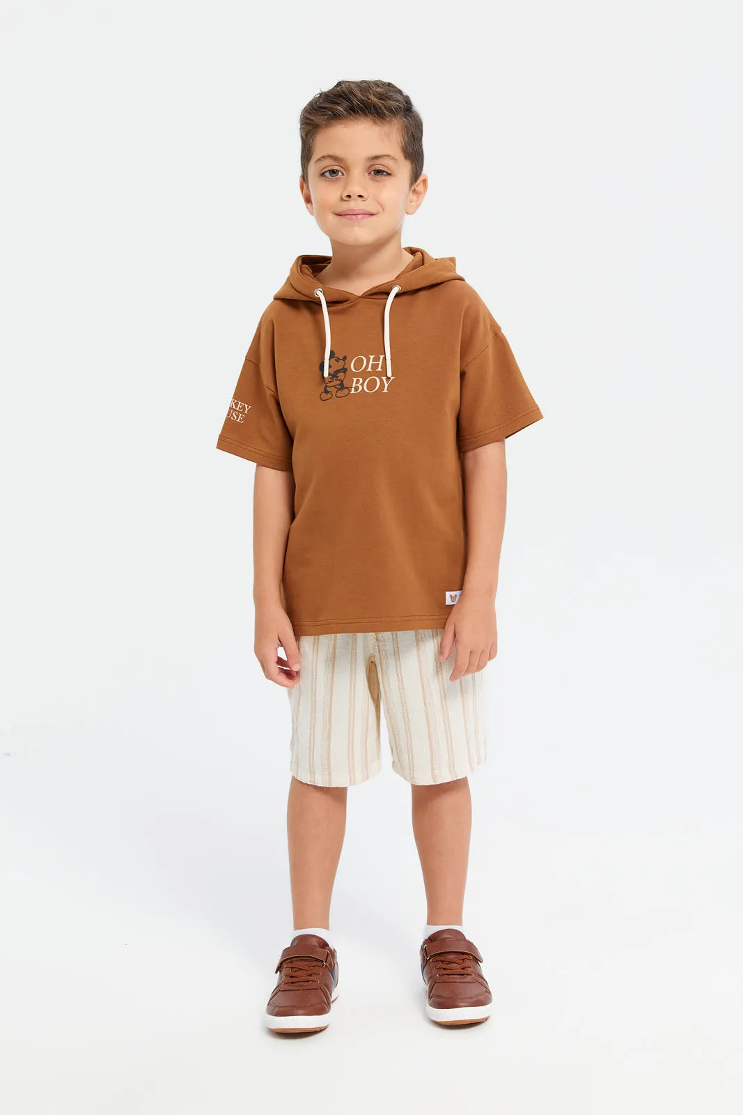 Boys Brown Oversized Hooded Mickey Mouse T-Shirt