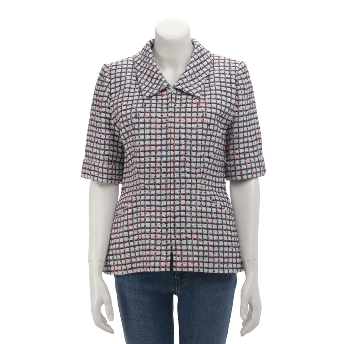 Chanel Pink & Blue Check Tweed Short Sleeve Jacket FR 40