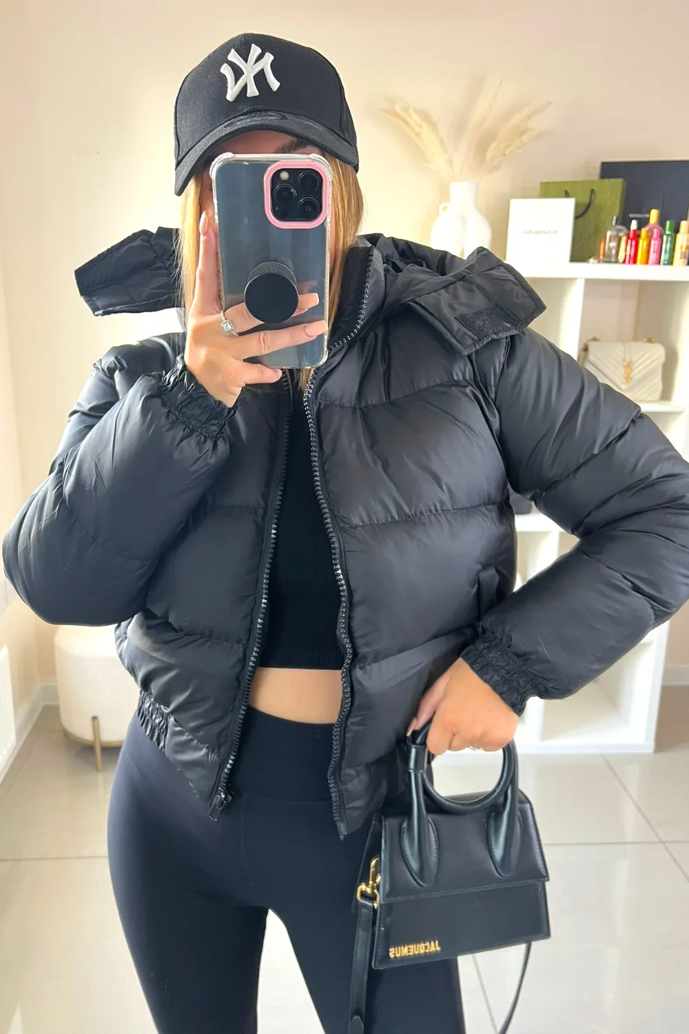 Charlotte black short hooded puffer coat