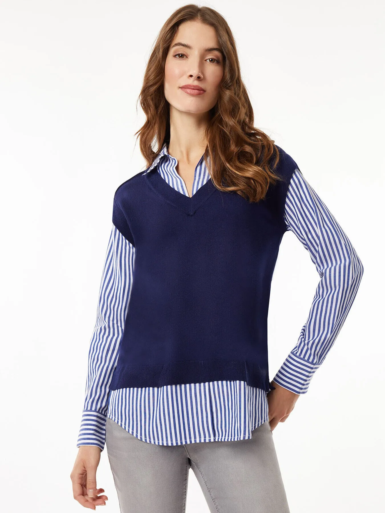 Collared Shirt V-Neck Sweater Vest Combo Top