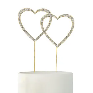 Crystal Rhinestone Double Heart Cake Topper - Gold