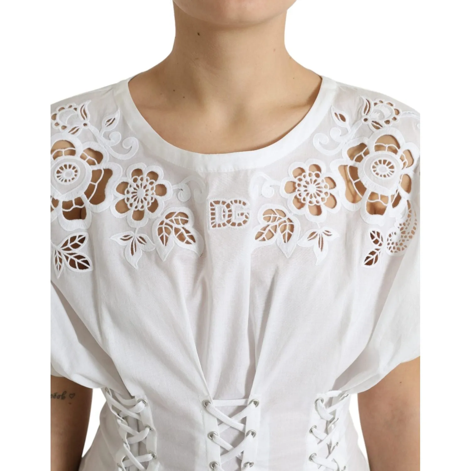 Dolce & Gabbana Elegant White Floral Lace-Up Blouse