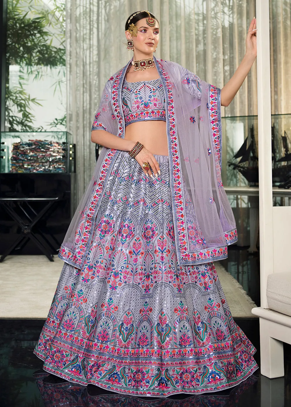 Festive Violet Sequins Embroidered Wedding Trendy Lehenga