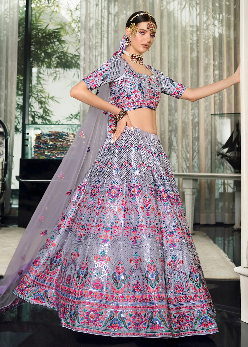 Festive Violet Sequins Embroidered Wedding Trendy Lehenga