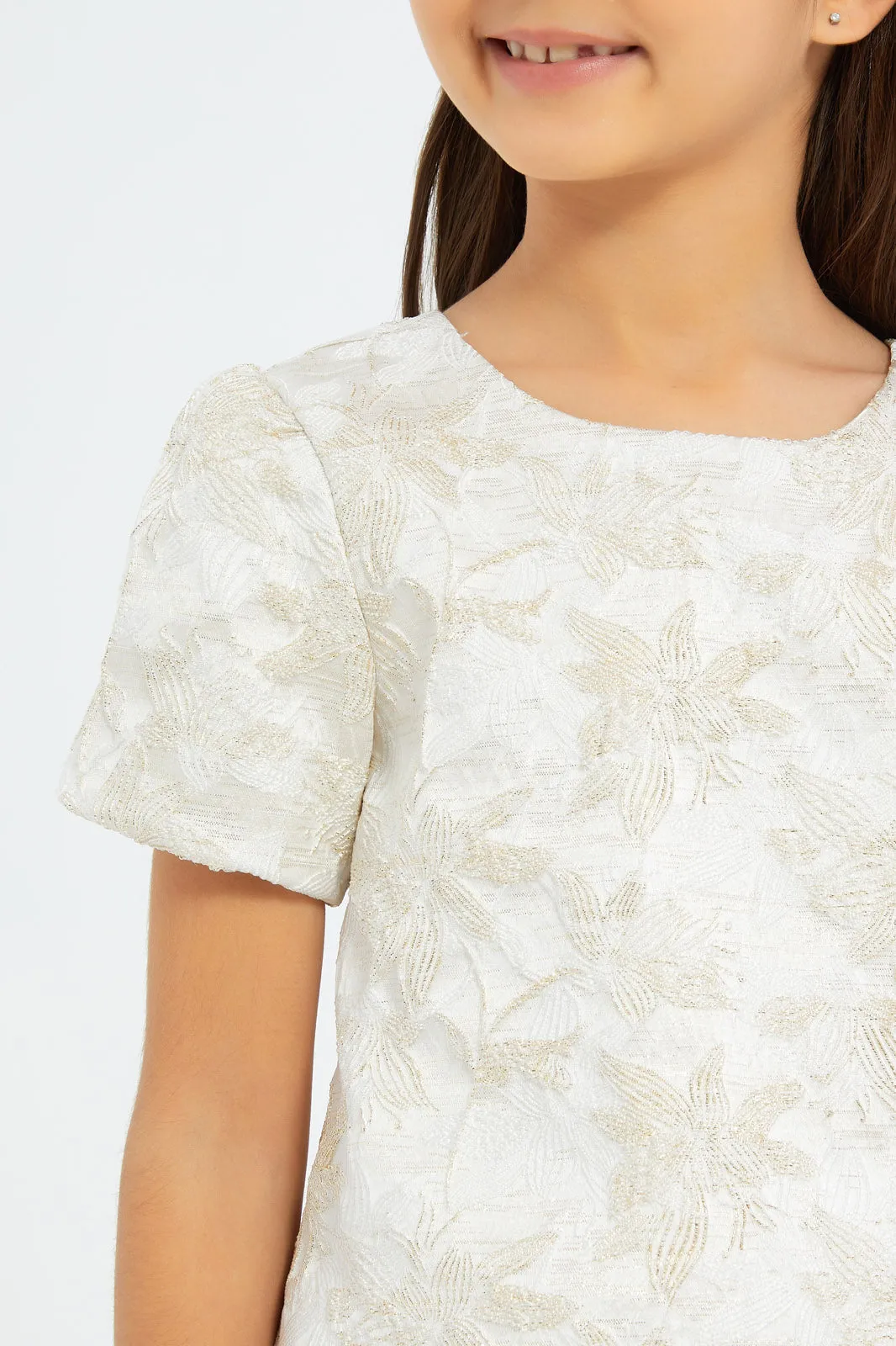 Girls Ivory Gold Embroidered Jacquard Blouse