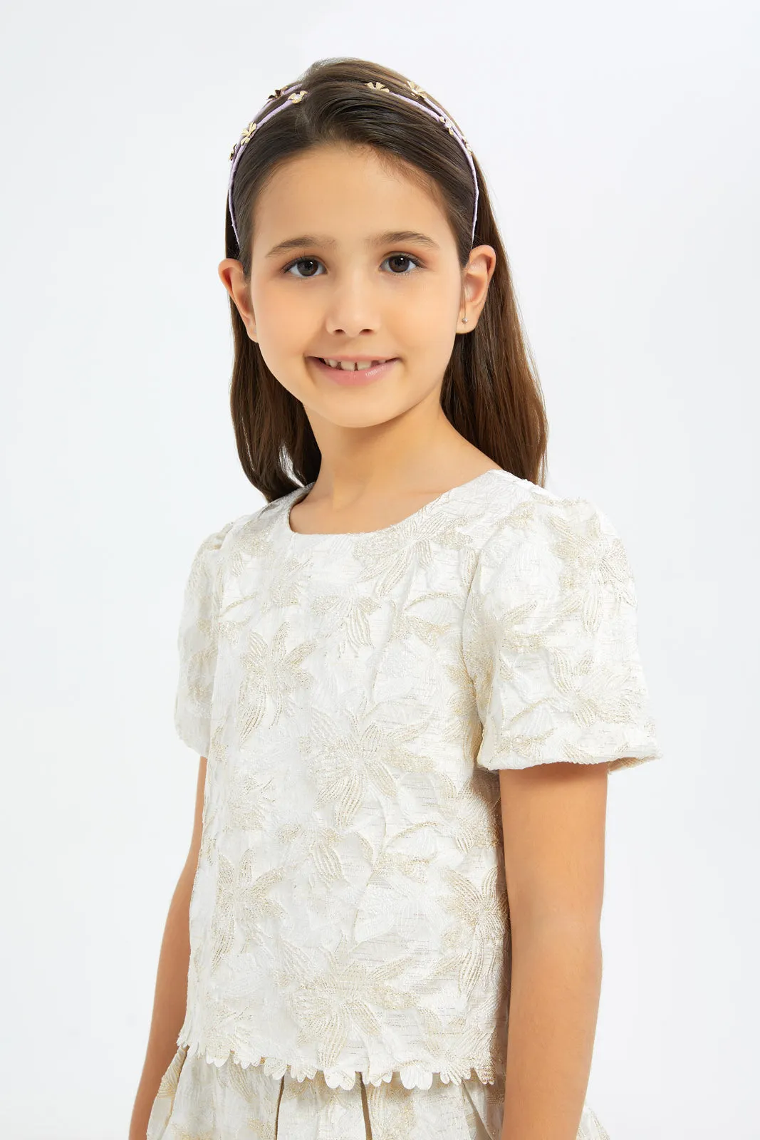 Girls Ivory Gold Embroidered Jacquard Blouse