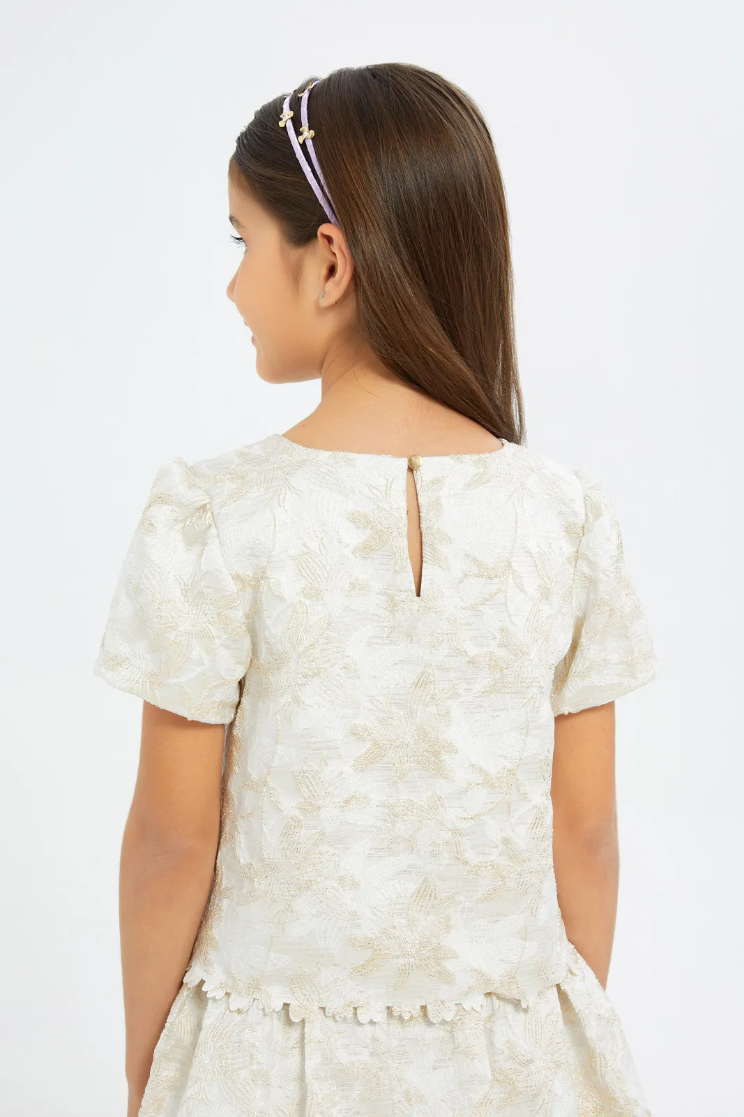 Girls Ivory Gold Embroidered Jacquard Blouse