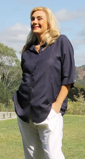 Hastings Linen Blend Blouse Navy