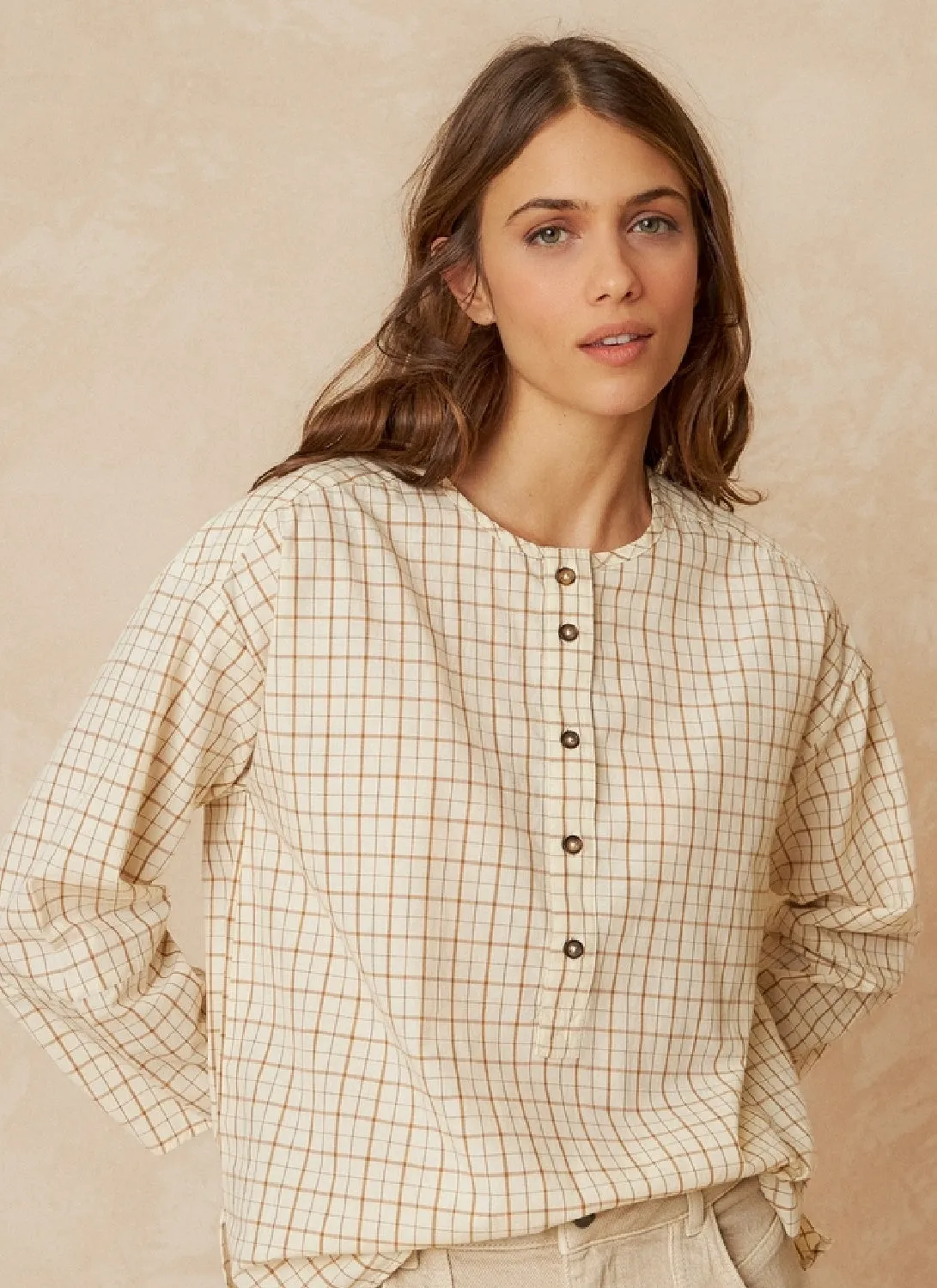 Indi & Cold Plaid Henley Style Cotton Blouse