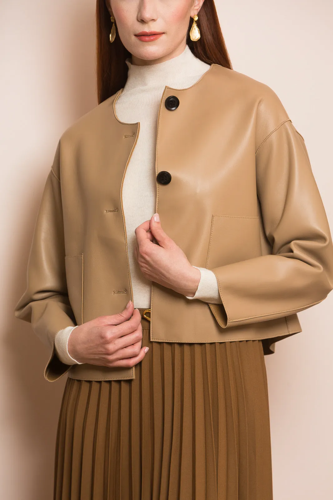 Lambskin Short Jacket with Bonded Lining in Camel