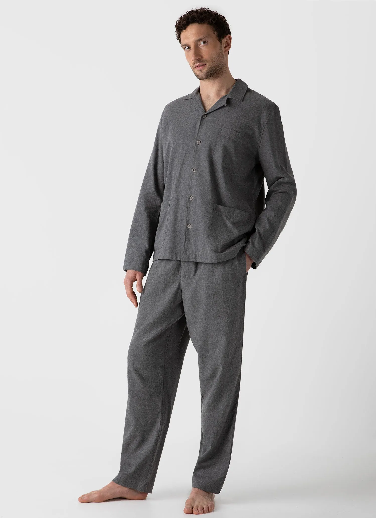 Men's Cotton Flannel Pyjama Shirt in Mid Grey Melange