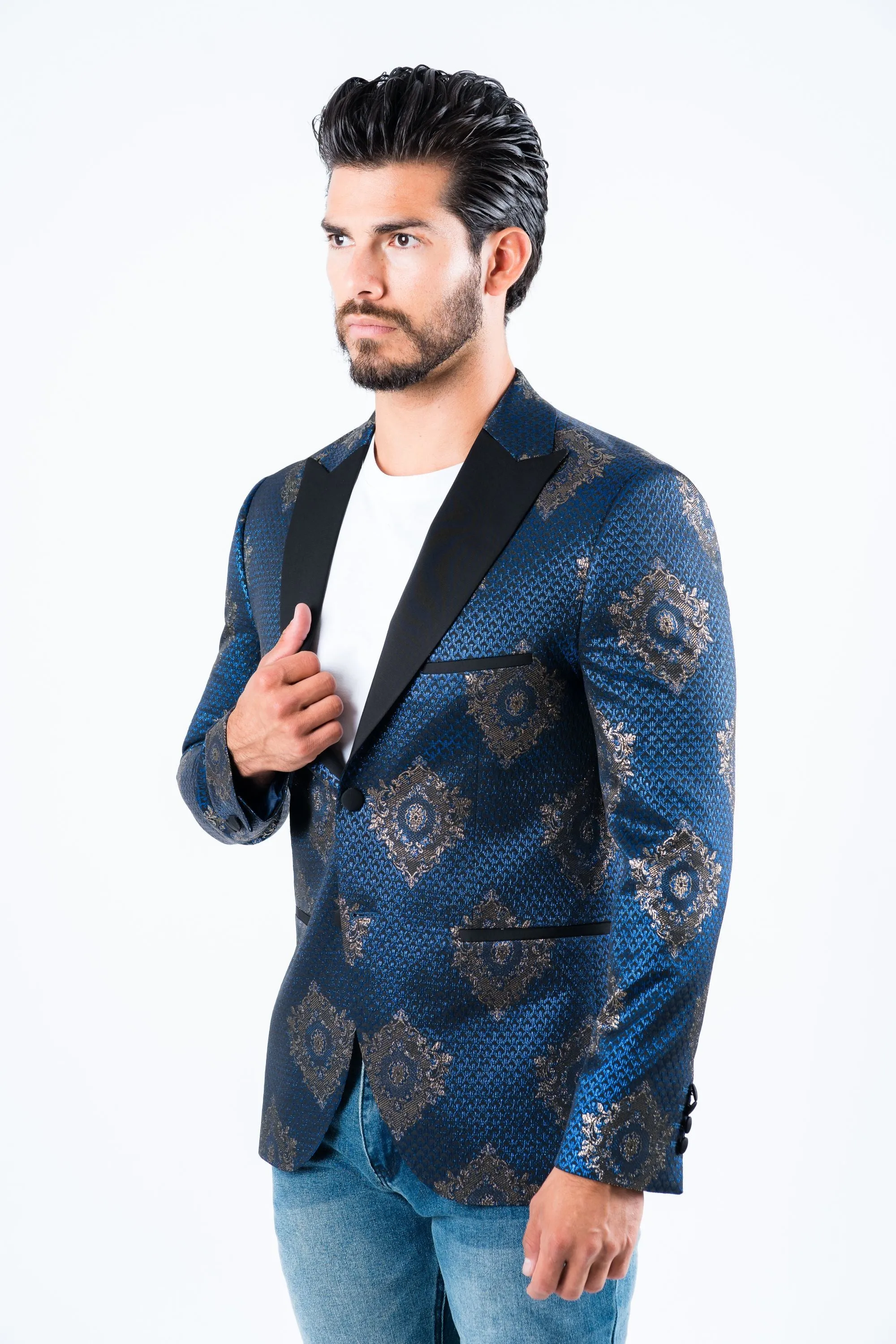 Men's Double Button Navy Woven Printed Blazer