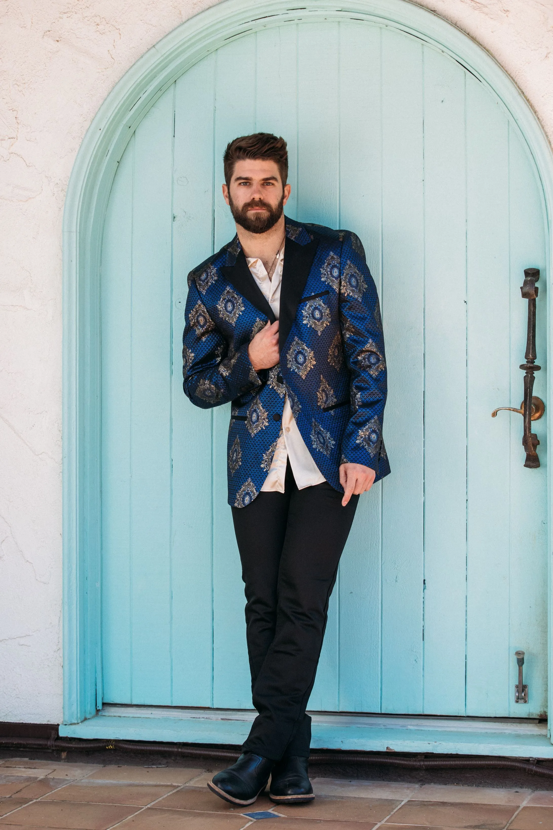 Men's Double Button Navy Woven Printed Blazer