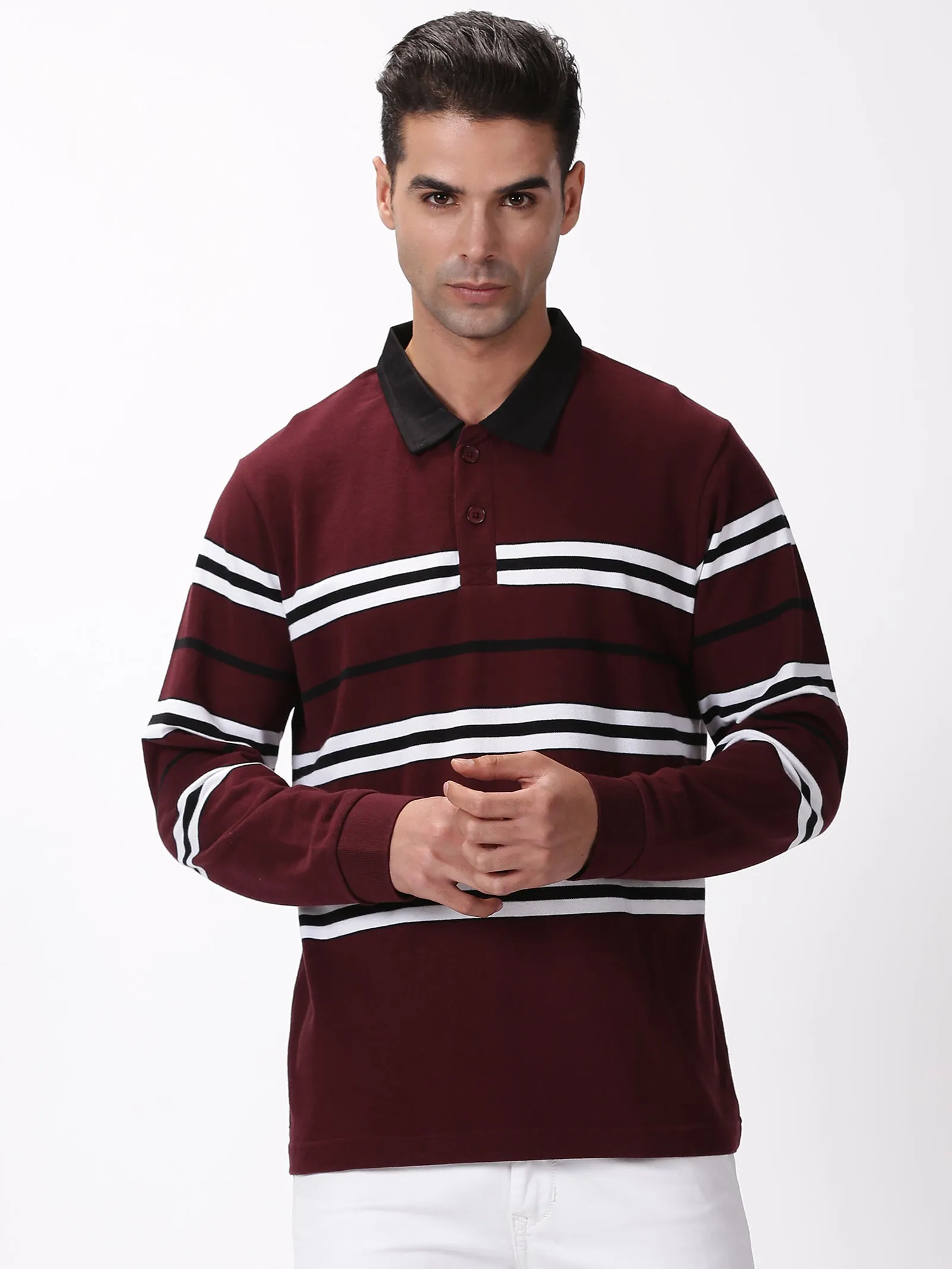 MEN'S MAROON STRIPE SLIM FIT T SHIRT