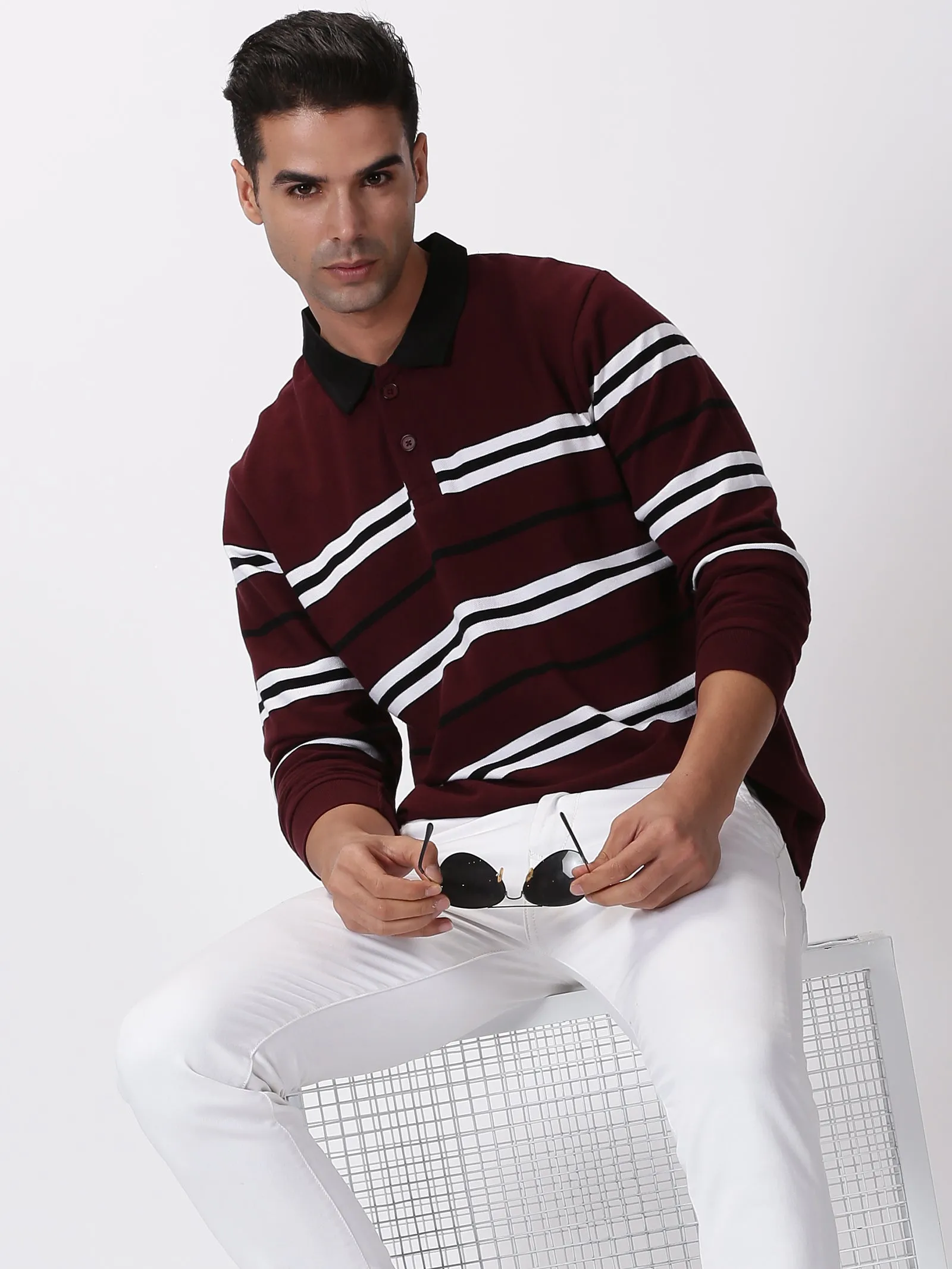 MEN'S MAROON STRIPE SLIM FIT T SHIRT