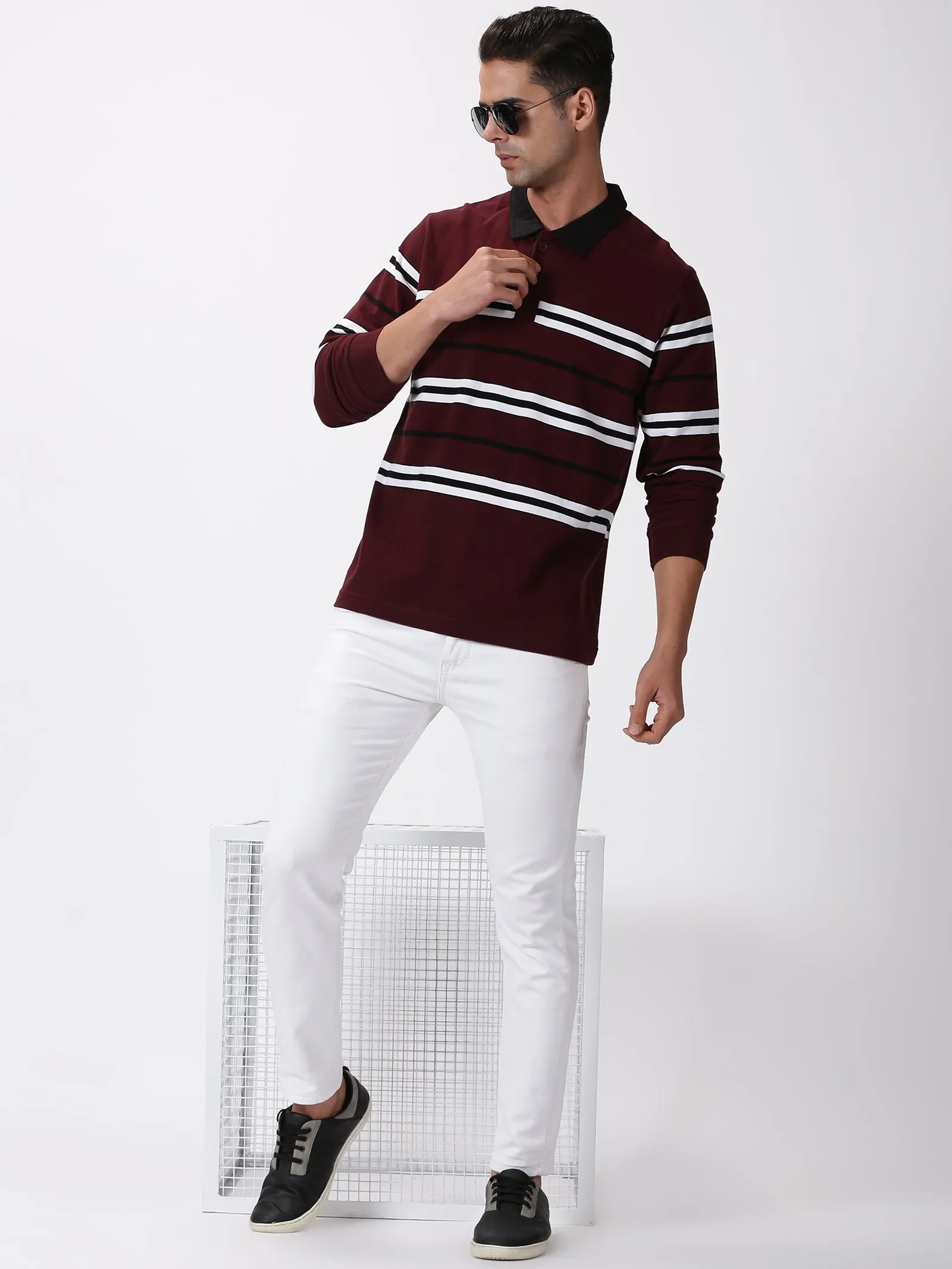 MEN'S MAROON STRIPE SLIM FIT T SHIRT