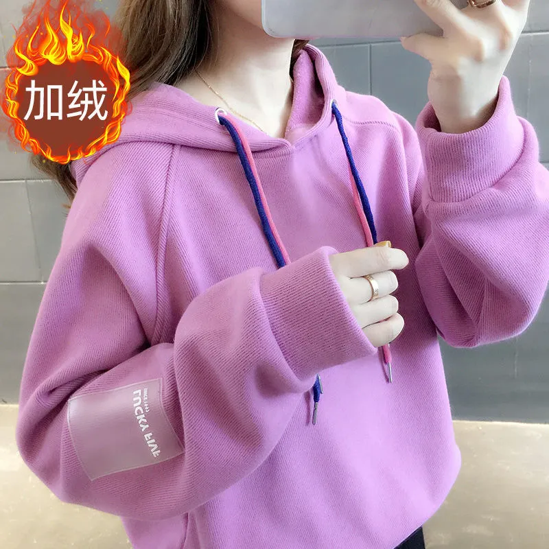 METAVERSMALL Autumn and winter new thin hooded sweater women's Korean version loose and thin short velvet thickened threaded long-sleeved top versatile