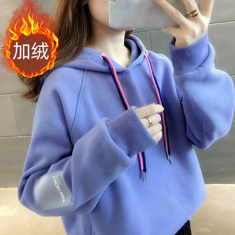 METAVERSMALL Autumn and winter new thin hooded sweater women's Korean version loose and thin short velvet thickened threaded long-sleeved top versatile