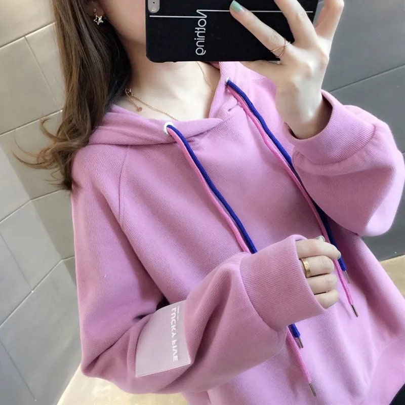 METAVERSMALL Autumn and winter new thin hooded sweater women's Korean version loose and thin short velvet thickened threaded long-sleeved top versatile