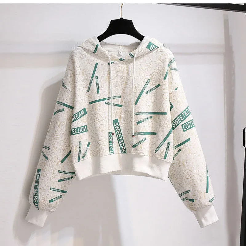 METAVERSMALL Hooded sweater women's New spring and autumn new loose thin drawstring printed versatile top design sense niche tide