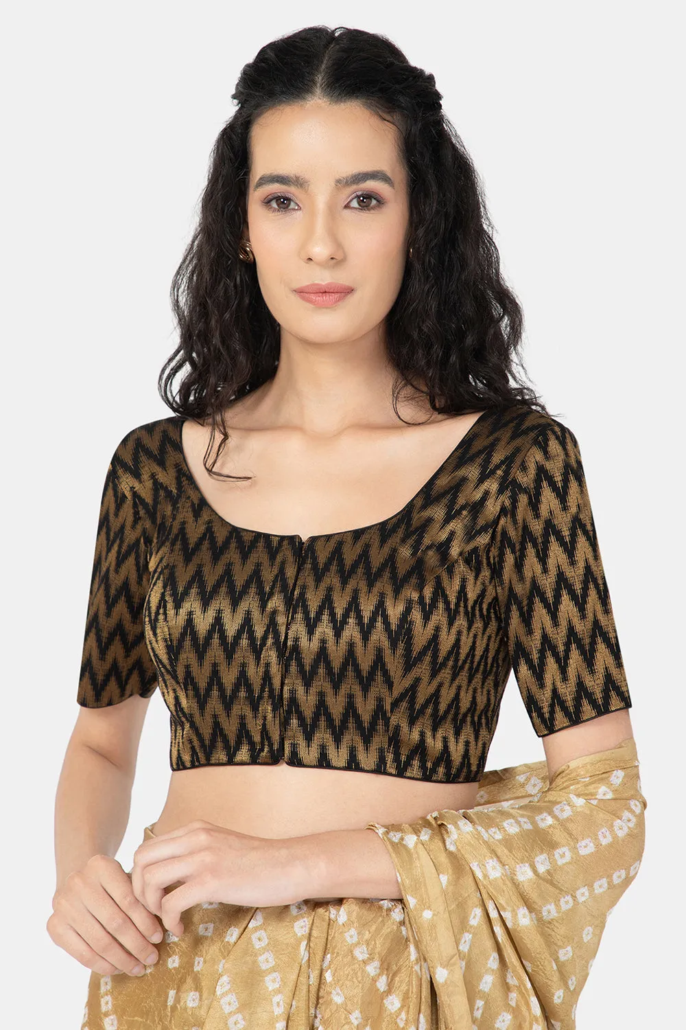 Naidu Hall Ethnic Jacquard Saree Blouse with Round Neck Elbow Sleeves - Black