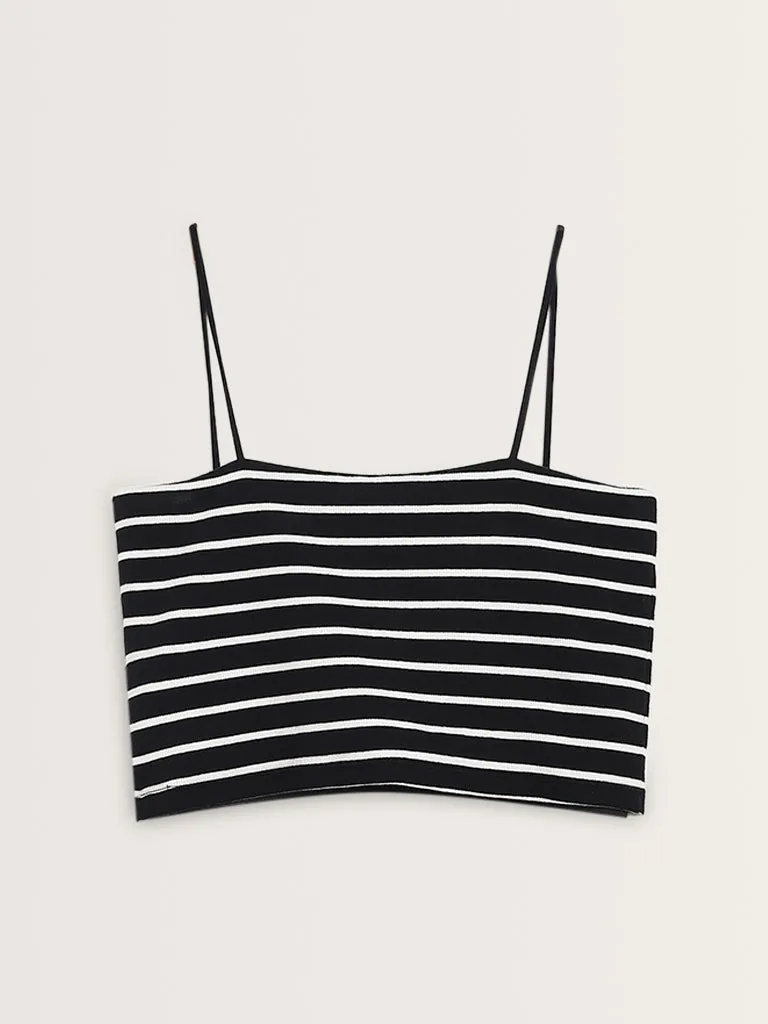 Nuon Black Striped Knitted Cotton Blend Top