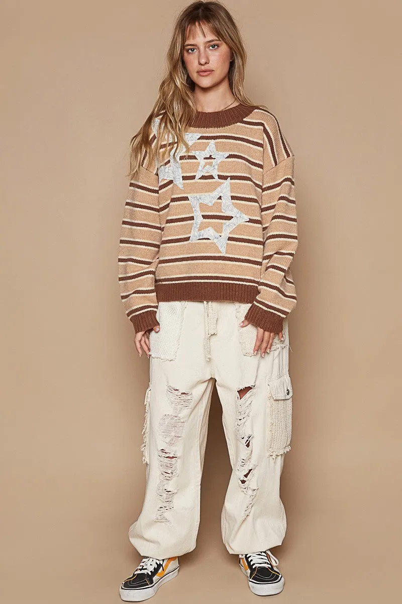 POL Star Patch Stripe Round Neck Sweater