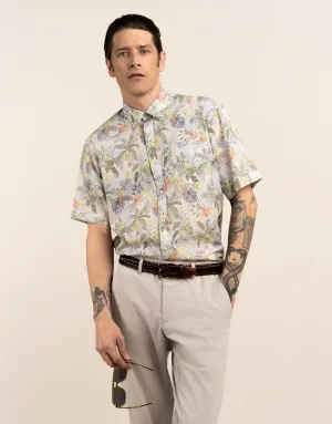 Raglan Linen Blend Tropical Island Print Short Sleeve Shirt