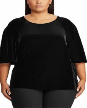 Ralph Lauren Women's Plus Velvet Flutter Sleeve T-Shirt Black Size 3X | Black