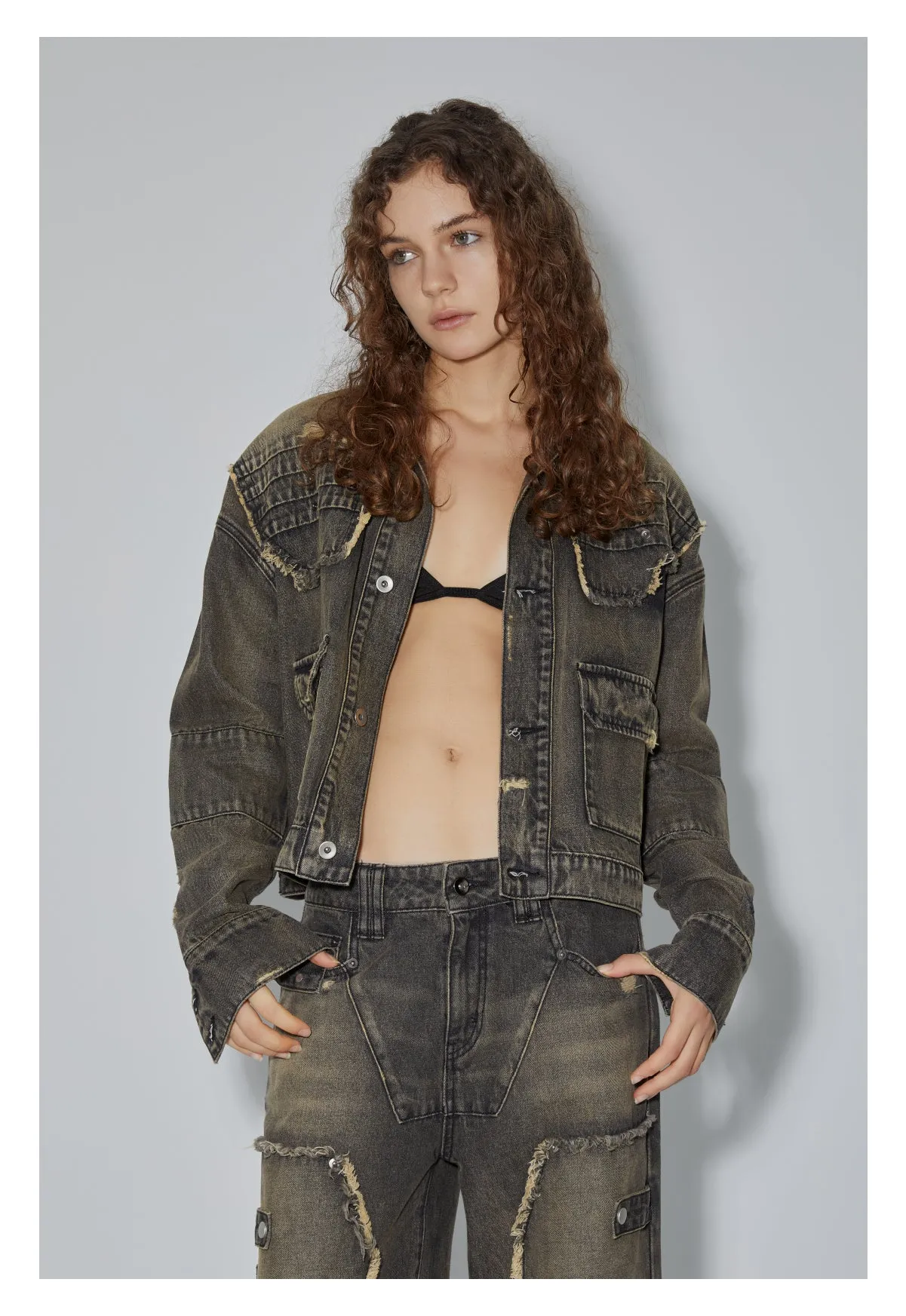 Short Length Damaged Denim Jacket