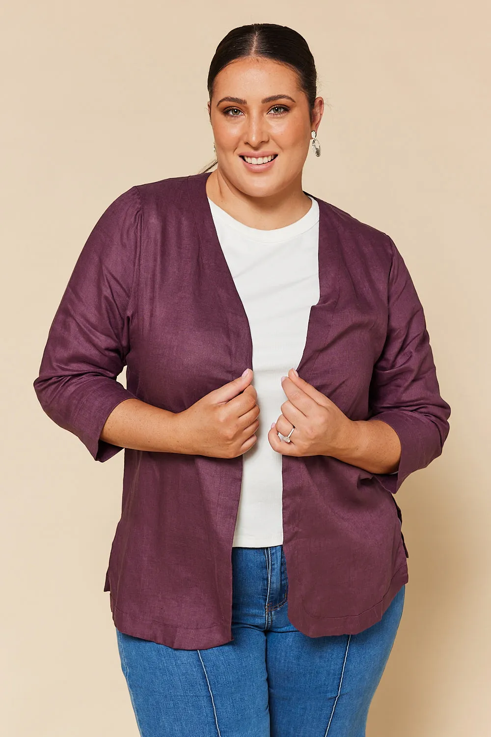 Short Linen Duster Jacket in Plum