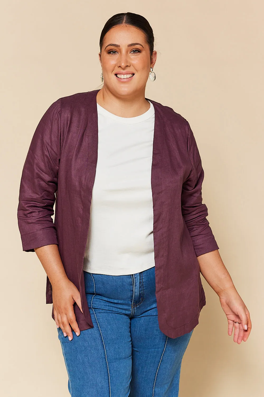 Short Linen Duster Jacket in Plum